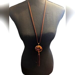 Beautiful Vintage Cloisonne Butterfly and Flower Pendant with Tassel & Rope Cord